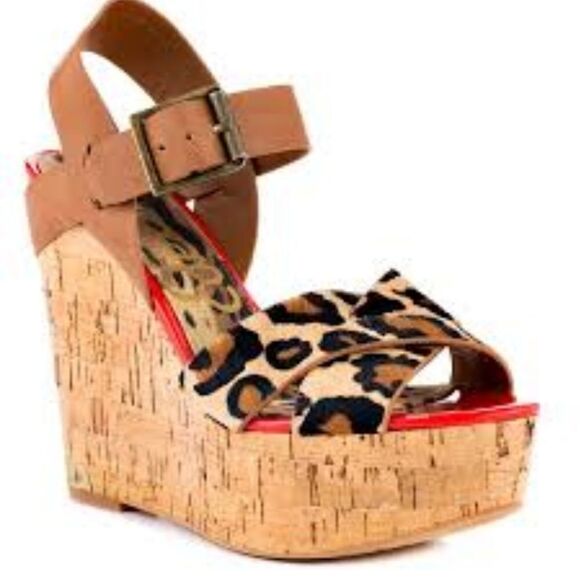 Sam Edelman Animal Print Wedges with Tan Straps - Picture 2 of 11